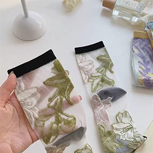 Vintage Sheer Socks,Summer Transparent Flower Ankle, Thin Mesh Lace Elastic Jacquard Glass Silk2
