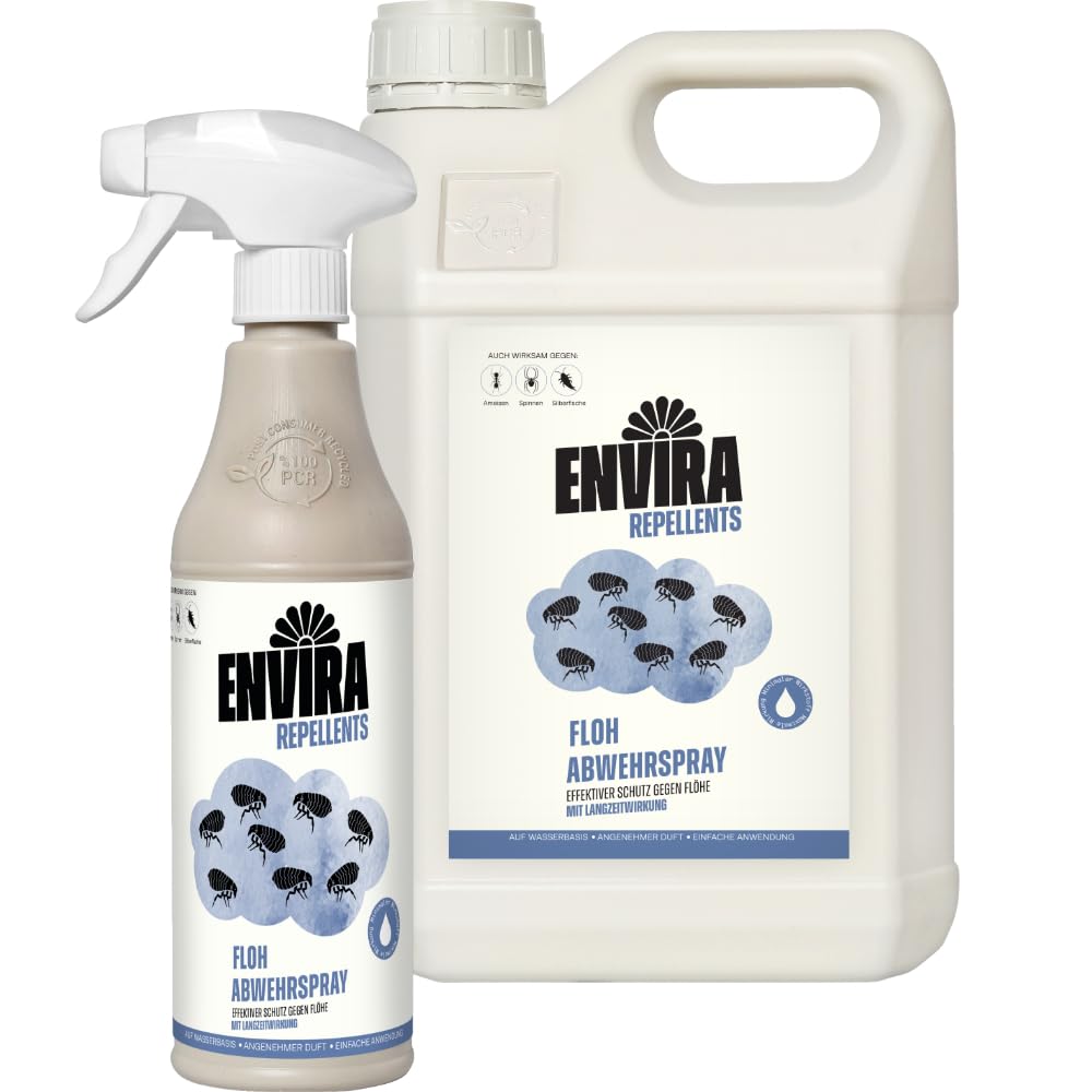 Envira Floh Abwehrspray 500 ml + 5 Liter - Spray mit Langzeitwirkung gegen Flöhe, Katzenfloh, Hundefloh - Mittel gegen Flöhe für Wohnung & Möbel - Effektives Flohmittel & Flohschutz