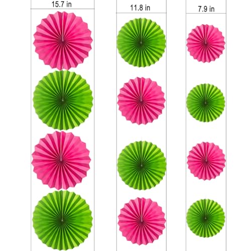 Image of MOWO Hot Pink and Green Paper Fans Wall Hanging Decoration, , 12pc | Background Ceiling Hanging, Summer Graduation Birthday Wedding, Hawaiian Holiday Theme Party