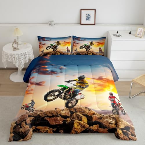 Motorbike Bedding Set Twin Size,Boys Motocross Rider Duvet Insert,Teens Dirt Bike Racing Motorcycle Comforter Set,Child Man Motorbike Vehicles Extreme Sport Bed Quilt,Kids Car Theme Room Dec