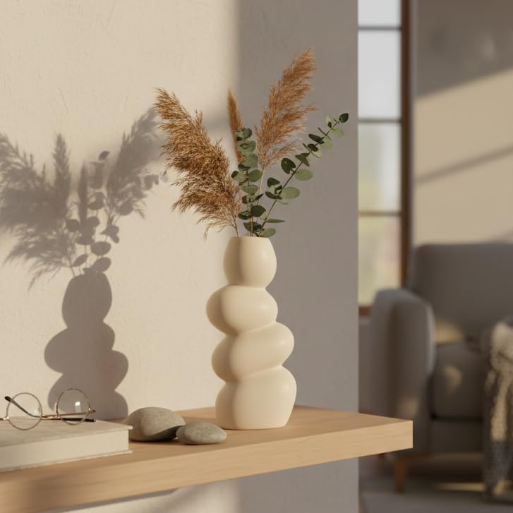 Image of Ceramic Stone Vase for Home Decor Ceramic Vase for Pampas Grass, Abstract Bubble Stacked Pebble Design, Minimalist Ceramic Vases for Flowers (White Pebble)