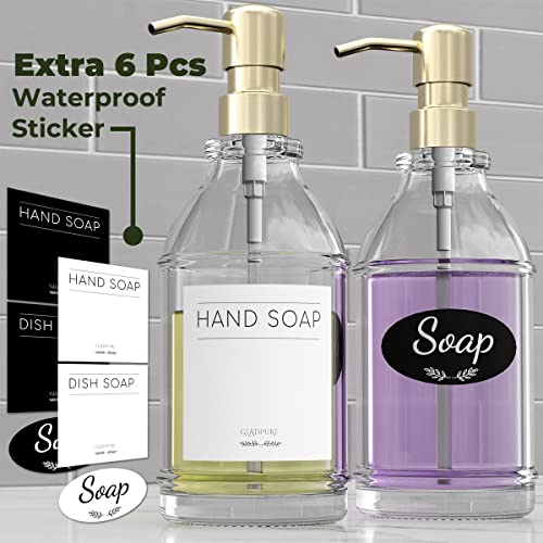 Gladpure Soap Dispenser 2 Pack, Hand Soap Dispensers With 16 Oz Clear Thick Glass Boston Round Bottle, 304 Rust Proof Stainless Steel Pump, 6Pcs Stickers, Kitchen & Bathroom Soap Dispenser- Gold #TOP3