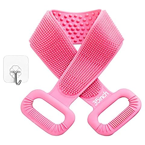 Extra Long Silicone Back Scrubber for Use In Shower, Dual-Sided Body Bath Brush for Exfoliating, Men/Women Deep Clean Bath Towel (Pink 35inch) Cover