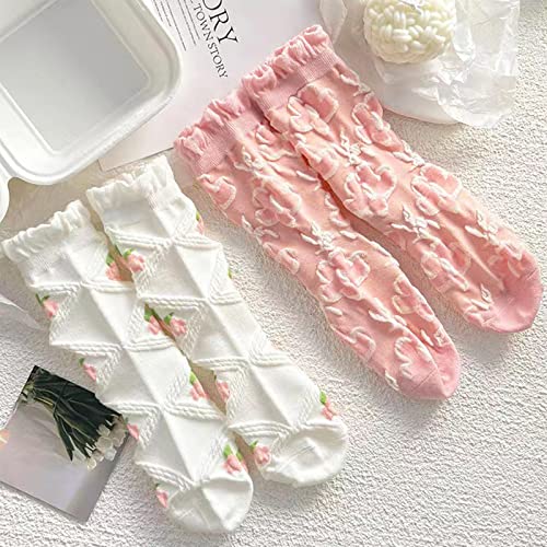 5 Pairs Pink and White Mid Socks Set for Women, Girls' Thin Knitted Breathable Mid Ankle Socks, Spring & Summer Floral Mid Crew Socks4