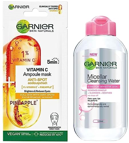 Image of Garnier Skin Naturals, Micellar Cleansing Water, 125ml & Garnier Vitamin C Serum Ampoule Face Sheet Mask With Pineapple - For Dull Skin And Acne Spots