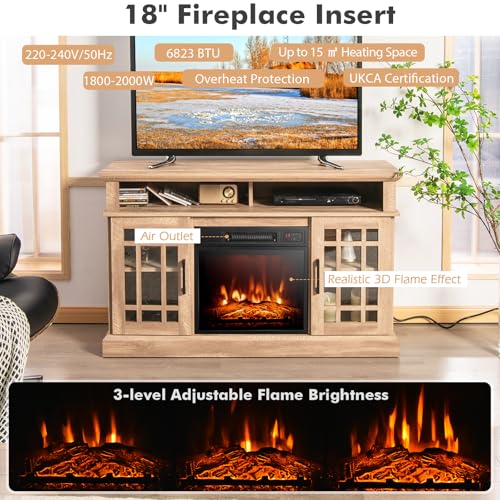 COSTWAY Electric Fireplace Insert TV Stand, Entertainment Center Console Table with Adjustable Flame, Overheat Protection Fire Heater & Remote (Natural, 18” Fireplace, for 55” TV)