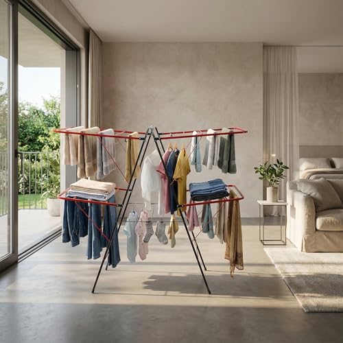 Image of Minky Extra Large Heavy Duty Cloth Drying Stand | 56-Inch Wide Multi-Wing Foldable Clothes Airer | 24 Rods High Load Bearing Metal Rack with Powder-Coated Rust Resistance