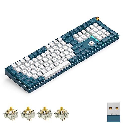 ROYALAXE R108 Wireless Mechanical Keyboard, G Pro 3.0 Yellow Switch, Hot Swappable Wired/Bluetooth/2.4G Wireless Keyboard with RGB Light for Windows & Mac, PBT Keycaps, Whale Blue