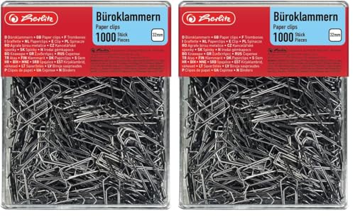 Herlitz 8859100 Büroklammer Brief-, Aktenklammer 32mm verzinkt 1.000er Transparentbox (1, 32mm) (Packung mit 2)