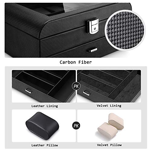 Homde Fathers Day Gifts - Watch Box Arc Display Case Carbon Fiber Jewelry Organizer Luxury Sunglasses Holder With Drawer, Glass Top And Lock For Men Women #TOP5