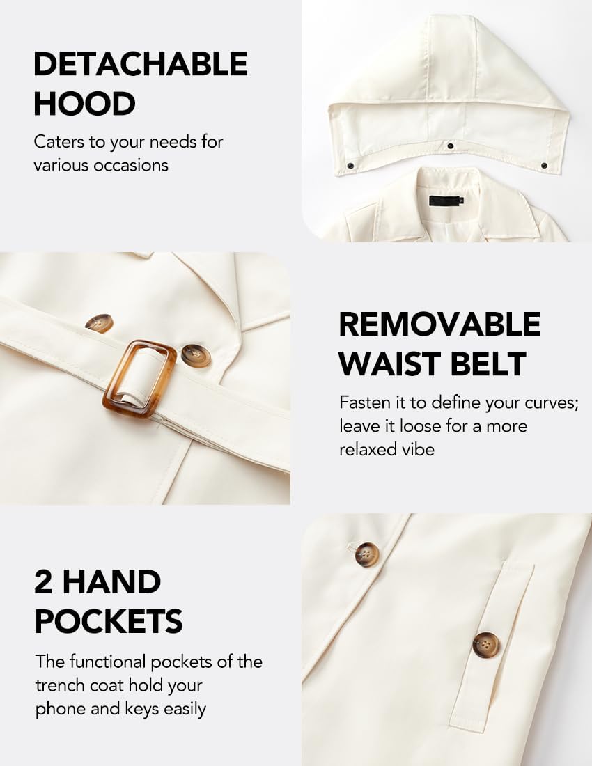 Womens Long Trench Coat Double Breasted Classic Lapel Coat Belted Slim Long Overcoat Coat With Detachable Hood