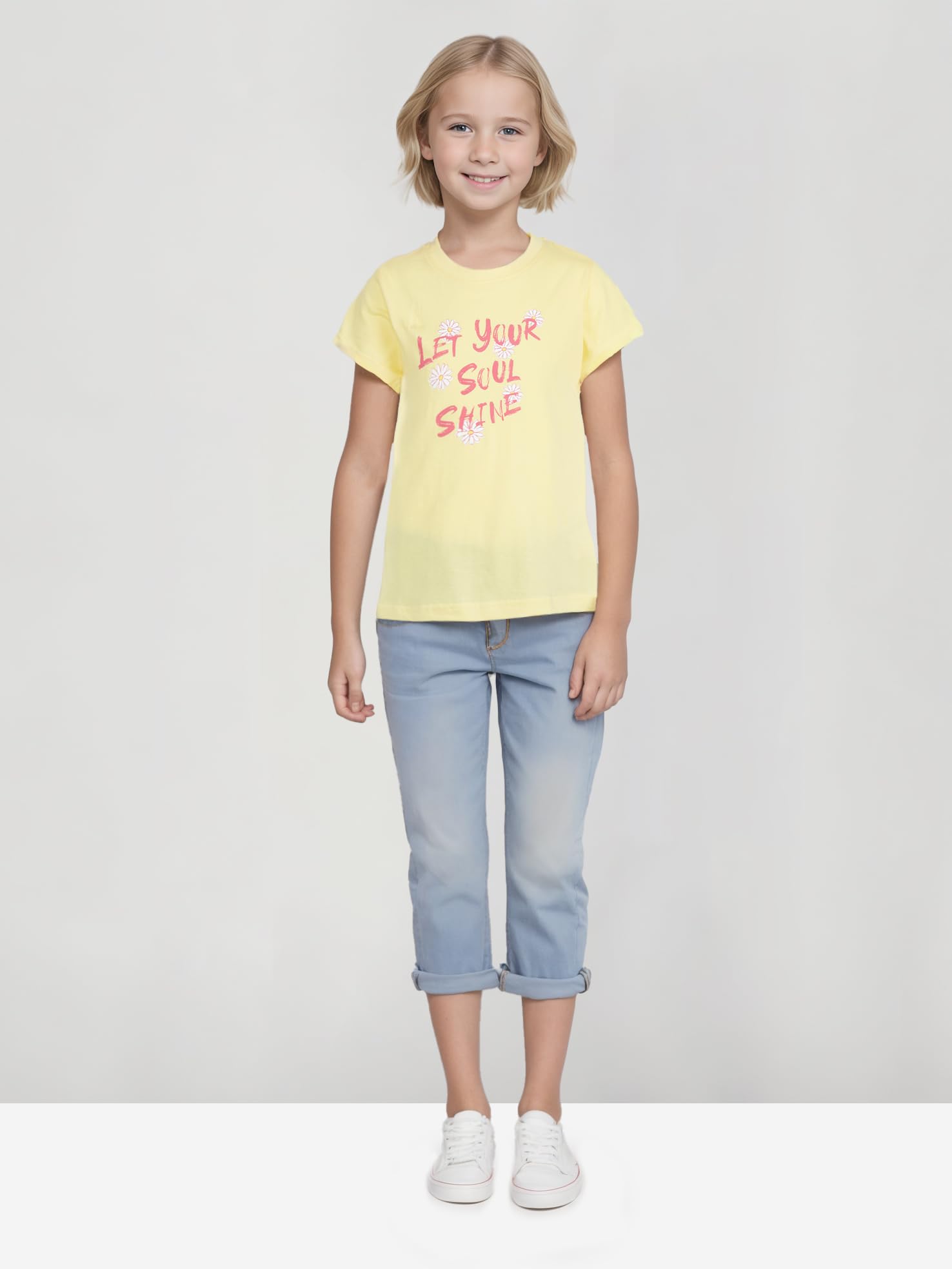 Gini and Jony - Camiseta de punto de algodón estampada con cuello redondo y media manga para niñas