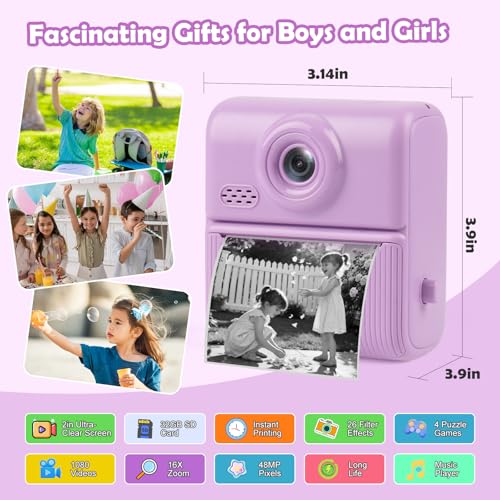 Image of Kids Instant Print Camera for Ages 3-12, 1080P HD Camera with 32GB Card | 2.0 inch Screen, Ink-Free Thermal Printing, 48MP Pixels, 16X Zoom, MP3, Filters and Creative Modes