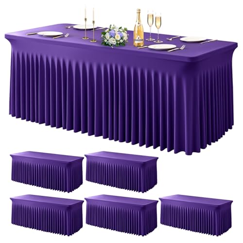 Wish Care 6 Pack Dark Purple Spandex Table Clothes for 6 Foot Rectangle Tables, 6FT Wrinkle Free Fitted Tablecloths Ruffles Design Table Cover for Party, Banquet, Wedding and Events