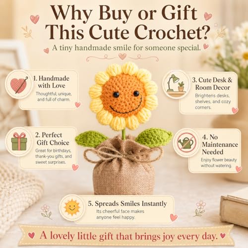 Image of Handmade Crochet Sunflower in Jute Bag 16 cm, Mini Artificial Crochet Flower Pot with Smiley Face, Cute Desk Decor for Home, Office Table, Shelf, Birthday, Friendship & Thank You Gift