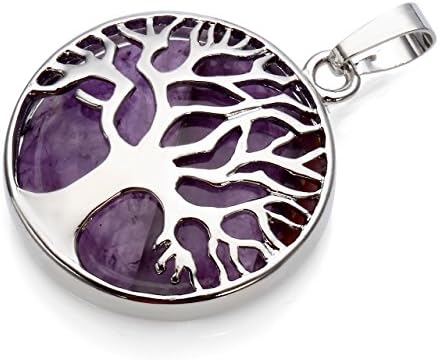 Jovivi Silver Tree of Life Amethyst/Rose Quartz/Clear Crystal Healing Chakra Gemstones Reiki Pendant Necklace