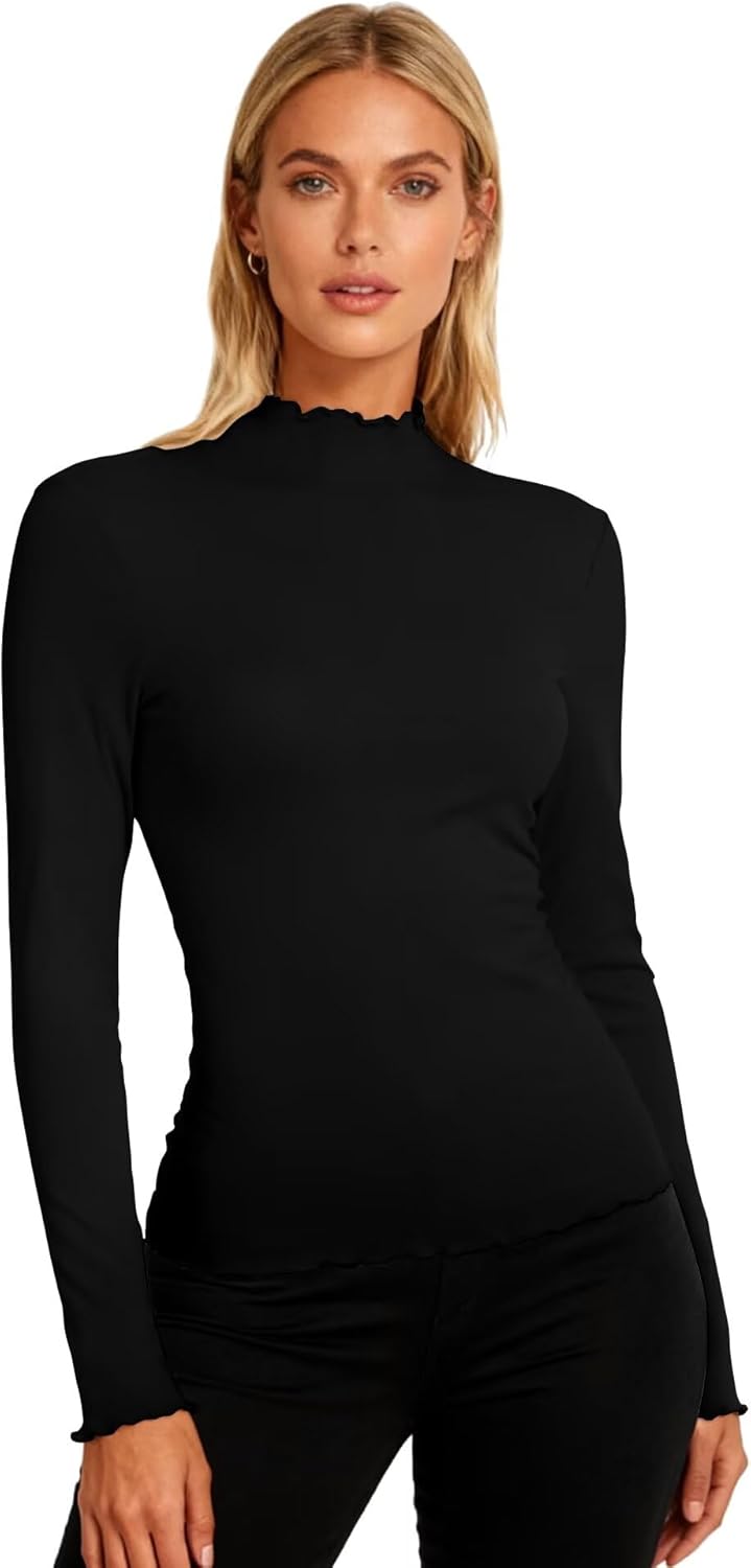 Womens Mock Neck Long Sleeve Tops Slim Fit Lettuce Trim Shirt Ribbed Turtleneck Thermal Undershirt