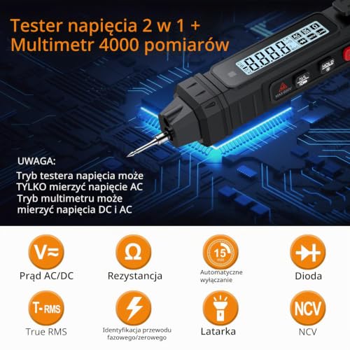 Neoteck Cyfrowy miernik napięcia True RMS multimetr 4000 liczy bezdotykowy tester napięcia z wyświetlaczem LCD do napięcia AC/DC, rezystancji, NCV, diody