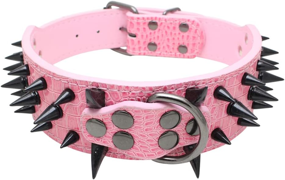 Sharp Spiked Studded Dog Collar 2 Inch Width Stylish Leather Dog Collars for Medium & Large Dogs Pitbull,Labrador,Boxer Rottweiler German Shepherd … (XL, Pink-1)