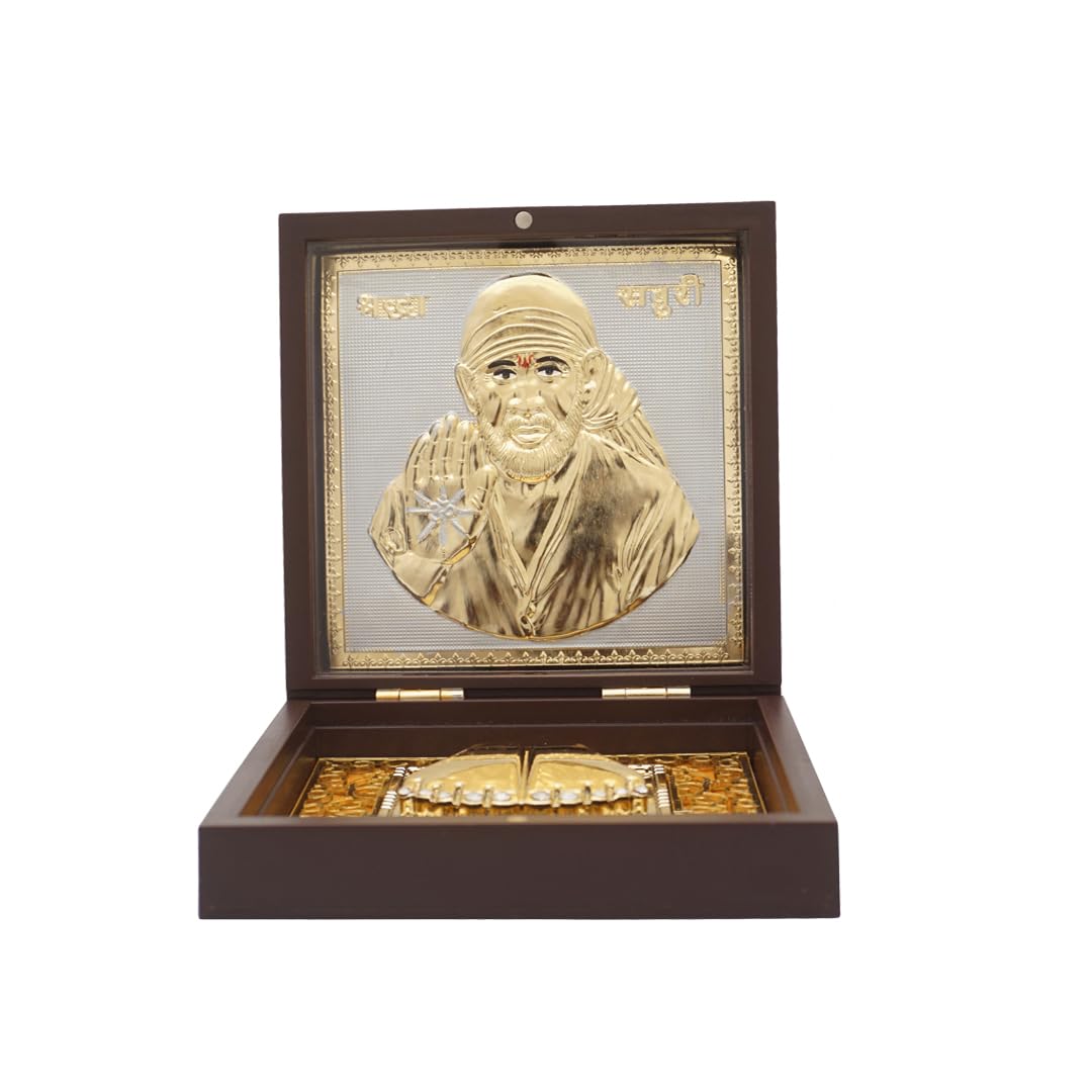 Idolkart 24k gold and 999 silver coated Sai Baba DIvine Boxes | Photo with Charan Paduka for Pooja Room | Gift Box (4x4 Inch)