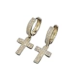 Mnyixsi Pendientes de aro chapados en oro de 14 quilates, aretes de cruz de oro de moda para hombre, aretes pequeños de circonita cúbica, aretes de cruz de diamante colgantes para hombre