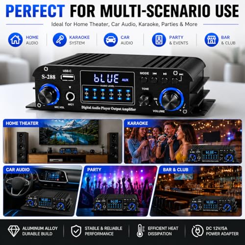Miniatura 6 de Romicta Amplificador Estéreo Bluetooth 5.0 De 4 Canales, Receptor Estéreo De Audio Doméstico De 50 W X 4, 1200 W Máximo, Usb Sd Fm, Amplificador De Potencia Hifi Clase D Para Cine En Casa, Coche Y