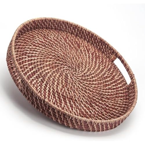 Round Rattan Woven Serving Tray with Handles Ottoman Tray for Breakfast, Drinks, Snacks for Coffee Table, Home Decorative (Honey Brown, 13.8"x2")