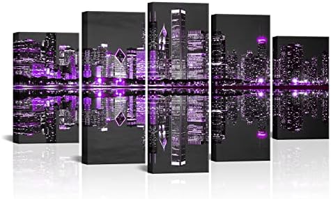 5 Piece Chicago Canvas Wall Art Modern Black and Purple City Night Skyline Picture Painting Cityscape Artwork Framed for Home Office Living Room Decor Ready to Hang (Purple, Large)