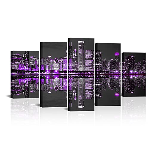 5 Piece Chicago Canvas Wall Art Modern Black And Purple City Night Skyline Picture Painting Cityscape Artwork Framed For Home Office Living Room Decor Ready To Hang (Purple, Large) #TOP3
