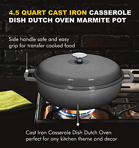 Bruntmor 4.5 Quart Pre-Seasoned Enameled Cast Iron Dutch Oven With Dual Handles And Lid, Grey Cast Iron Skillet, Shallow Cookware Braising Pan For Cast Iron Casserole Dish, Crock Pot #TOP3