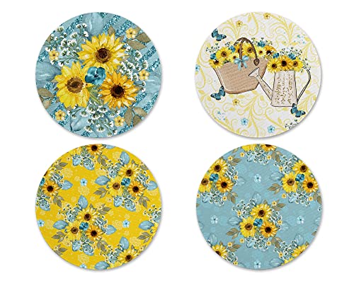 Sunflowers Vintage Blue & Yellow Summer Floral Housewarming Gift Neoprene Drink Coasters (Set of 4) - Handmade by The Painted Pug