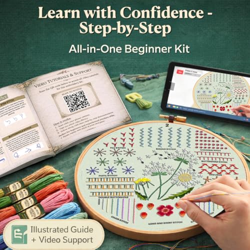 Image of Moni Crafts - Embroidery Kit for Beginners Adults - Learn 41 Stitches with Complete Starter Kit, 4 Pre-Printed Patterns, Threads, Needles & Hoop - Hand Embroidery Kit with Video Tutorials
