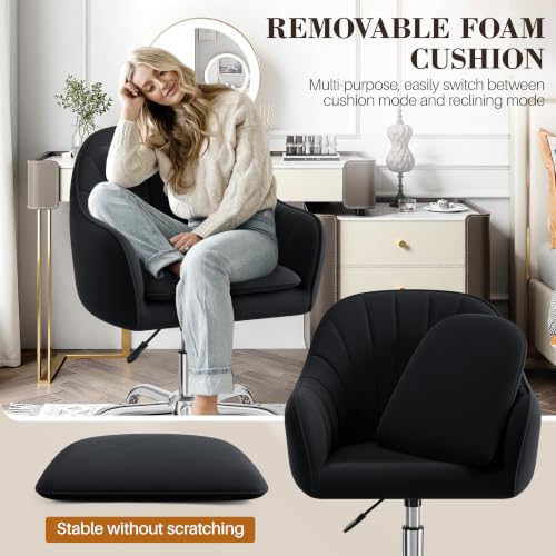 Image of Home Office Desk Chair, Vanity Chair with Wheels, Adjustable Modern Velvet Makeup Chairs for Bedroom Living Room-Black (Silver Base)
