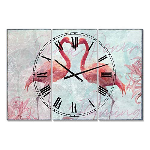 Designq 'Flamingo Power' Oversized Cottage 3 Panels Wall Clock For Home Bedroom Bathroom Office Living Room Decoration, 25144, 36X28 #TOP4