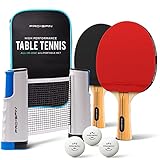 PRO-SPIN Tischtennisschläger Set - Mit Tischtennisnetz Für Jeden Tisch, Tischtennis bälle 3-Sterne, Tasche/Hülle | Ausziehbares Mobiles Tischtennis Netz (Rot, Set für 2 Spieler)