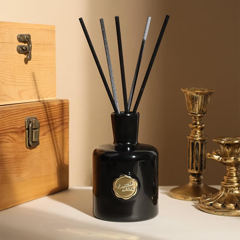 XEPTLE Reed Diffuser Set, 7.04 oz Oud & Bergamot Scent Diffuser with 5 Sticks, Long Lasting Air Freshener, Essential Oil Reed Diffuser for Home, Home Fragrance for Office, Bathroom Shelf Decor, Black