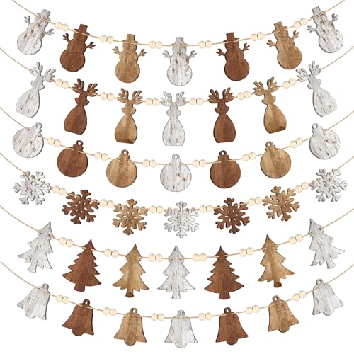 6 Pcs 4.9FT Christmas Tree Wooden Bead Banner Garland Neutral