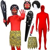 [BAFUEVD] 節分 鬼 衣装 コスプレ 鬼コスプレ 充実6点セット 鬼 前開きジッパー【全身タイツ+定番の虎柄の鬼の腰巻き+鬼のお面+ウィッグ+ビニールこん棒+空気入れ】赤鬼 青鬼 仮装 鬼衣装 筋肉 おに 豆まき 節分 演劇 舞台 コスチューム イベント 男女共用 顔部分が開いている 赤鬼全身セット サイズ：L