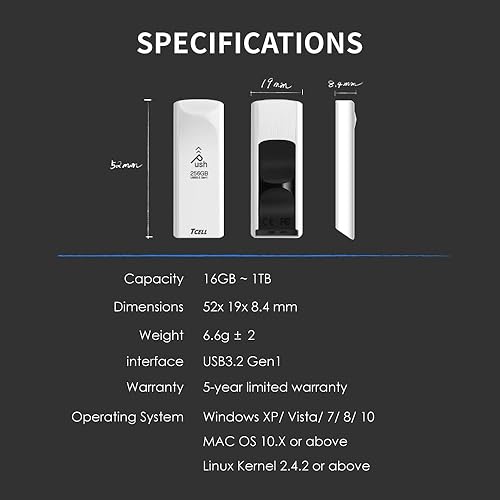 Miniatura 6 de TCELL Push 64GB 2 unidades USB 3.2 Gen1 (3.13.0) USB Flash Drive Velocidad de lectura de hasta 100 MBs, tarjeta de memoria de diseño retráctil,
