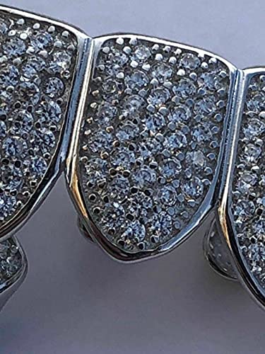 Solid 925 Sterling Silver Real Grillz - Iced Cz - Custom Top & Bottom Grills For Teeth Set - Real Solid Silver Not Brass #TOP7