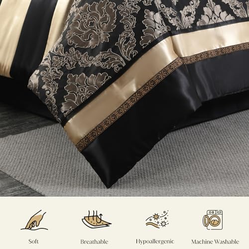 Image of CozyDH Black and Gold Jacquard Comforter Set King - 7 Piece Luxury Damask Medallion Patchwork Bed in a Bag, All Season Down Alternative Bedding with Bed Skirt, Shams, Decorative Pillows, 104x90 in