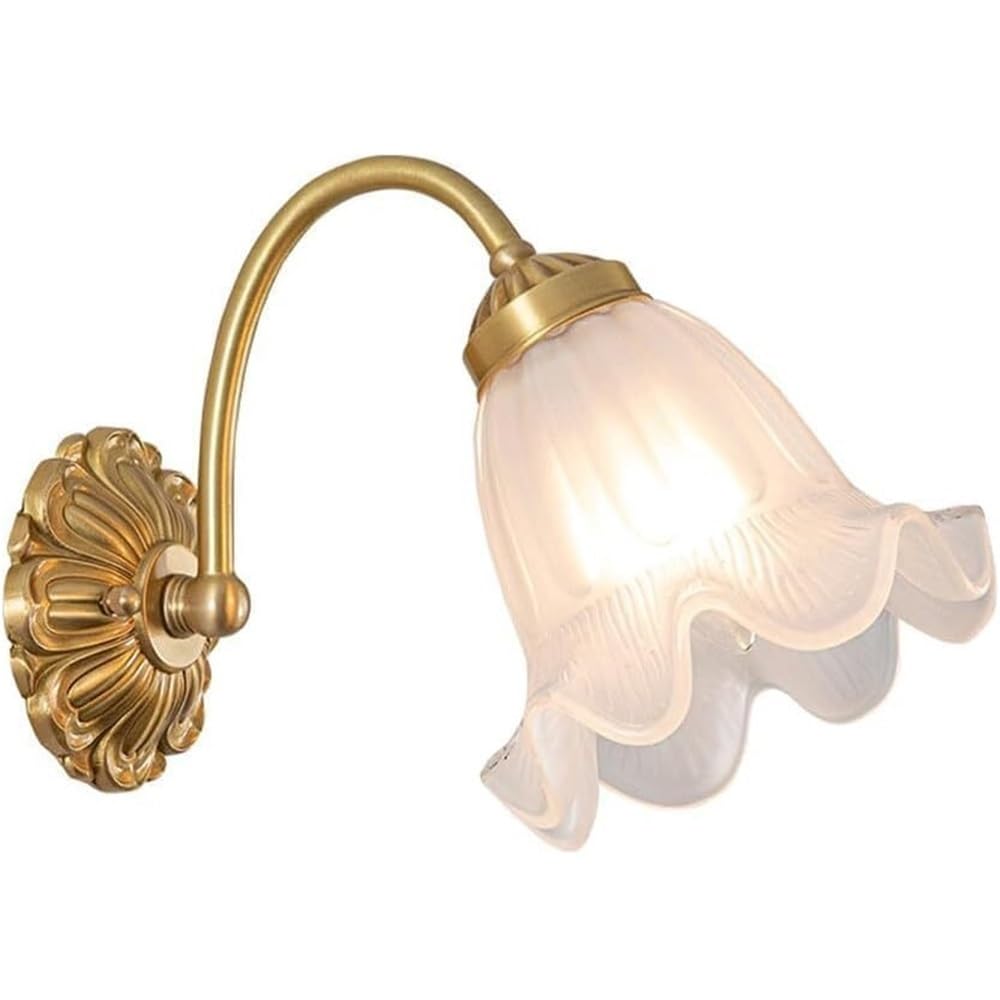 HPTHLY Vintage Flower Milk Glass Wall Sconce Mid Century Brass Wall Light Fixtures Farmhouse Gooseneck Antiqued Floral Wall Mounted Lamp For Bedroom Living
