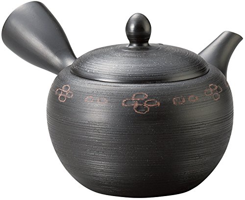 Yamaki Ikai Tokoname Ware Spring Autumn Black Round Teapot Pine Skin Red Muki Crest #TOP11