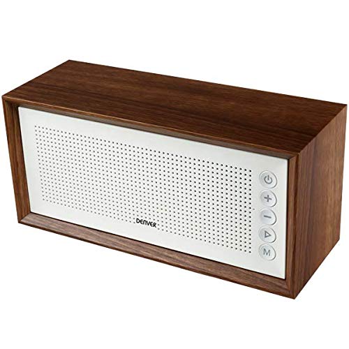 Denver BTS-210 White- Altavoz Portátil. Sintonizador de Radio FM. Conexión Bluetooth y USB. Entrada AUX y Tarjeta SD. Batería Recargable 1500mAh. Altavoces: 10W. Estructura Exterior de Madera, Blanco