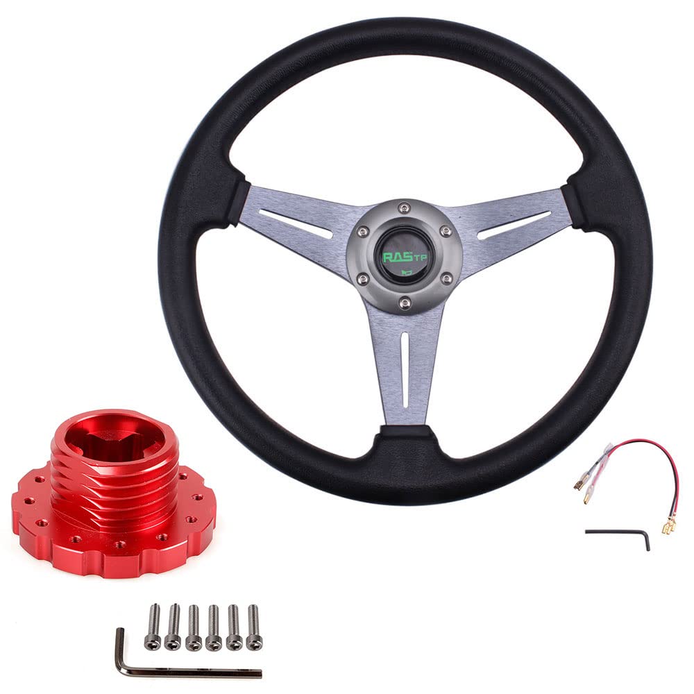 RASTP 13.8”/350mm 6 Bolts Racing Steering Wheel with Sim Racing Gaming Steering Wheel Adapter Fit for Thrustmaster T500 / T300 / TS-PC,TS-XW (Gray-Red)