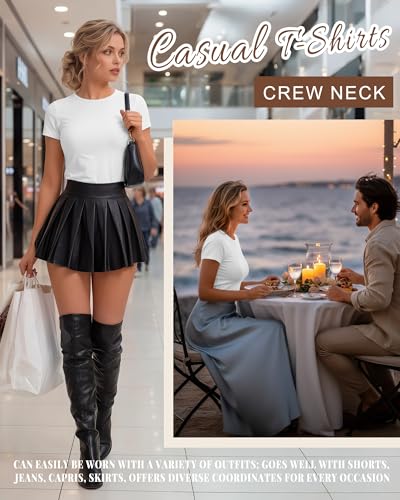 Image of Evervibe Women Built-in Bra Short Sleeve Shirts Crewneck T-Shirt Slim Fit Going Out Tops Casual Summer Basic Tees