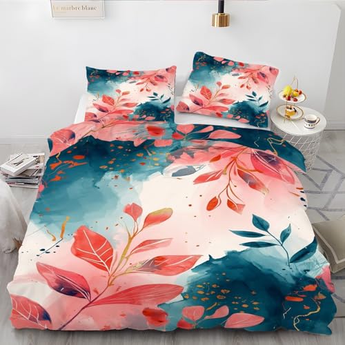 Funda Nórdica Cama 105 cm Microfibra Juego de Ropa de Cama 3 Piezas Funda de edredón 180x220 cm con Funda de Almohada 50x75 cm Hojas dePlantas