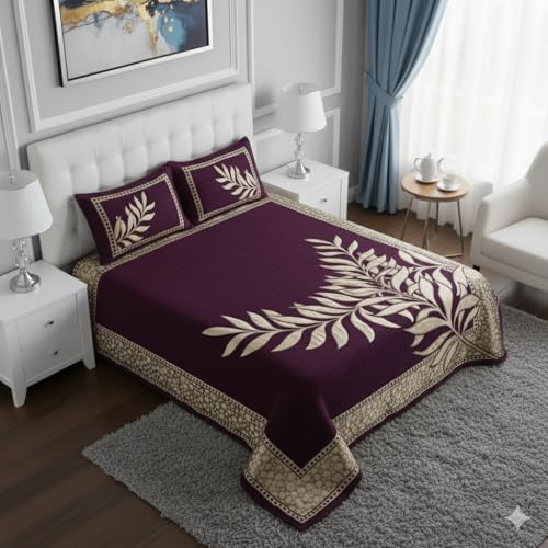 Image of Fresh from Loom Printed Bed Cover with Leaf Print Design, Chenille 500 TC Bedding Fabric, Bedsheet Set with 2 Pillow Covers, Soft Breathable Bed Cover for Bedroo 90x100 Inches | Purple | Chenille