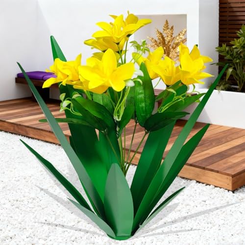DDQ Metal Agave Plant Outdoor Decor with Artificial Flowers, Mexican Style Garden Sculpture, Waterproof Yard Art for Patio Lawn, Multiple Flower Options Freesias Yellow