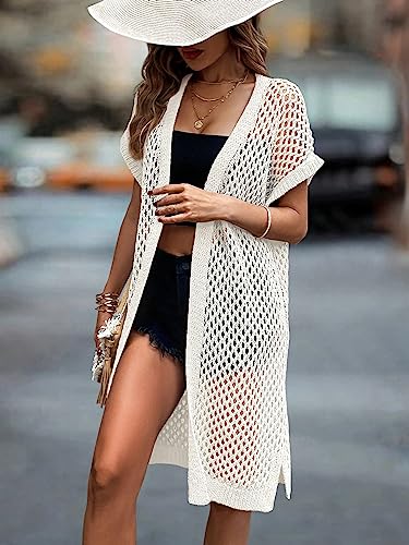 Image of SweatyRocks Women's Short Sleeve Open Front Long Cardigan Hollow Out Knit Loose Sweater Coat